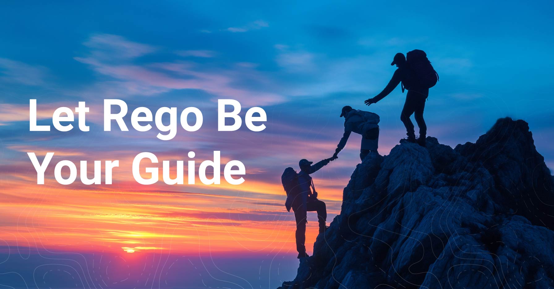 Image of sunset and the silhouettes of three people ascending a steep rock summit. The top two people are assisting the third person to climb up.