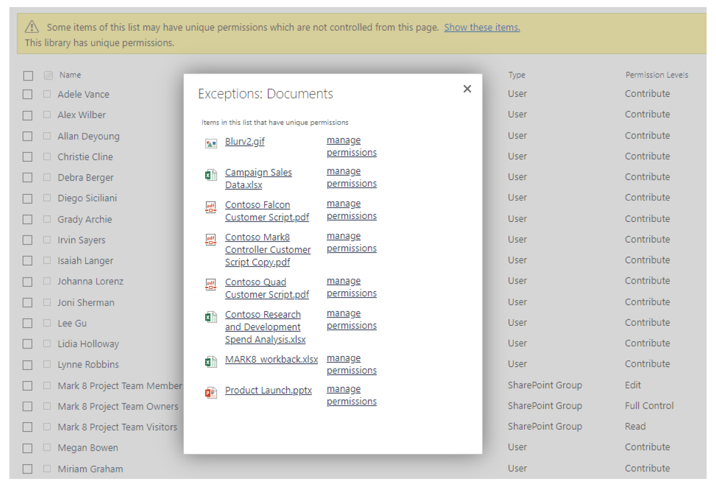 Image of computer screen showing SharePOint menu of many items, titled: Exceptions Documents.