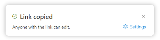 SharePoint pop up, reading: Link Copied. Anyone with Link can edit. Gear icon, and words: Settings