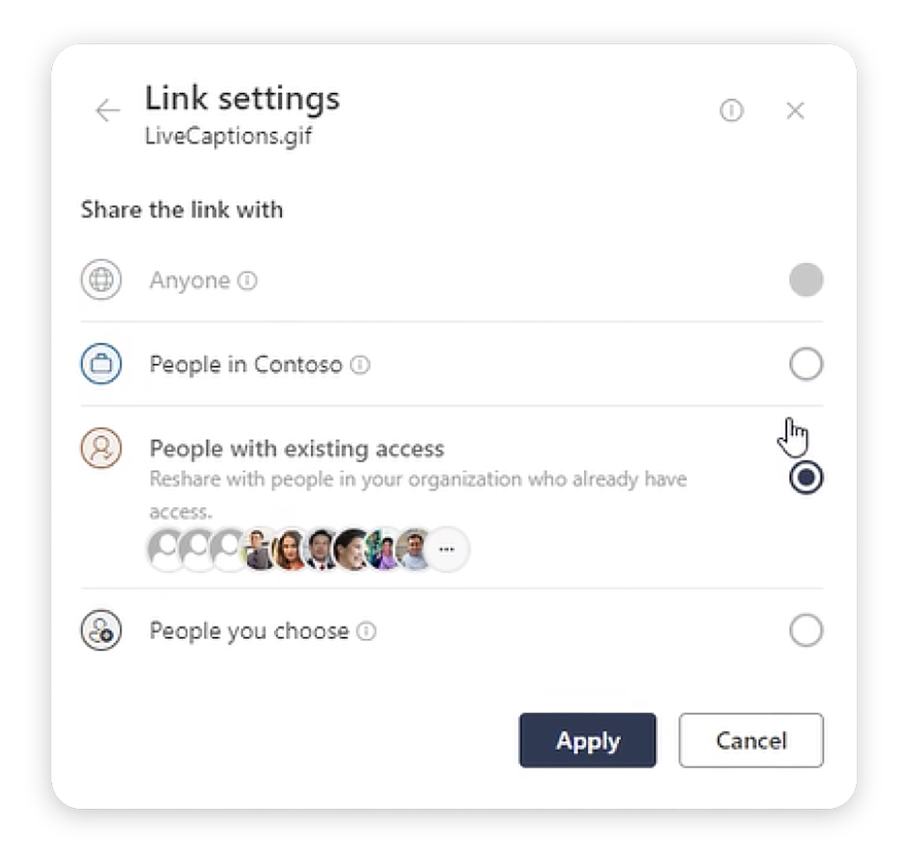 Image of SharePoint pop up. Title is Link Settings. Four options include: Share link with 1) Anyone. 2) People in Organization - in this case, sample organization is Contosso. 3) People with existing access. 4) People you choose. Option #3, People with Existing Access is selected. 