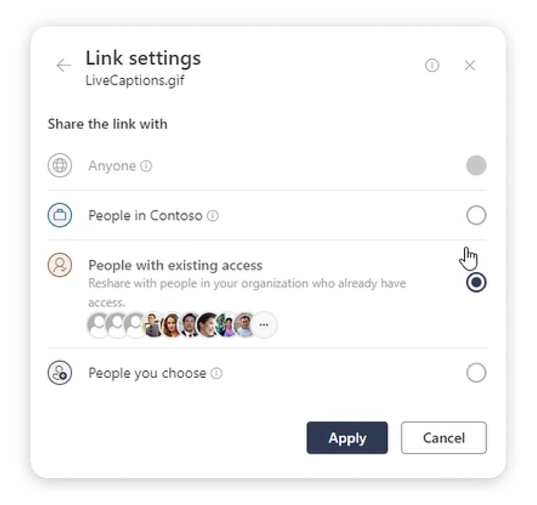 Image of SharePoint pop up. Title is Link Settings. Four options include: Share link with 1) Anyone. 2) People in Organization - in this case, sample organization is Contosso. 3) People with existing access. 4) People you choose. Option #3, People with Existing Access is selected. 