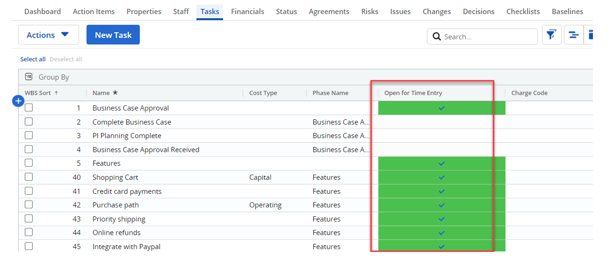 Screenshot example of several individual cells highlighted in green in Clarity PPM