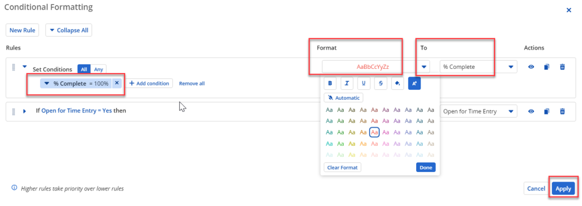 Screenshot of percentage complete highlighted with Conditional Formatting features in Clarity