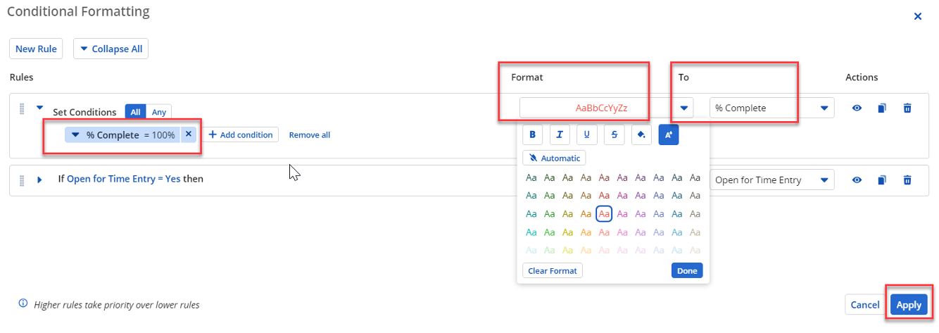 Screenshot of percentage complete highlighted with Conditional Formatting features in Clarity