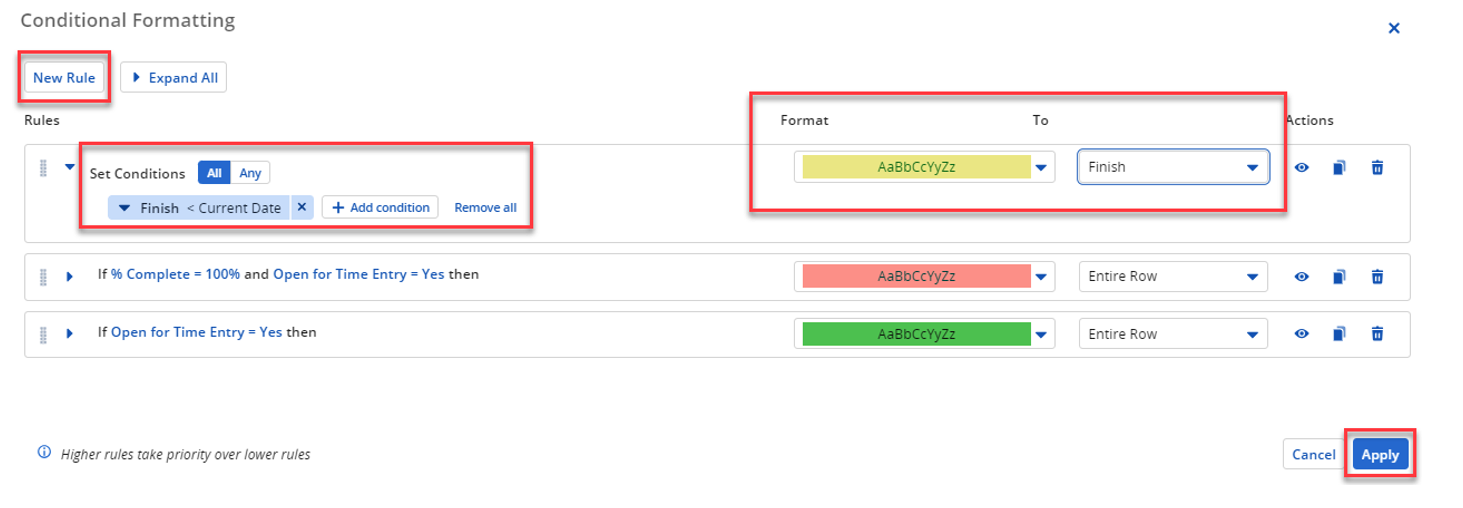 Screenshot showing how to set conditions in the Clarity conditional formatting feature