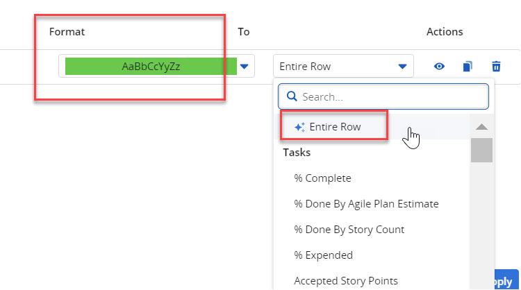 Screenshot of Conditional Formatting dropdown in Clarity PPM