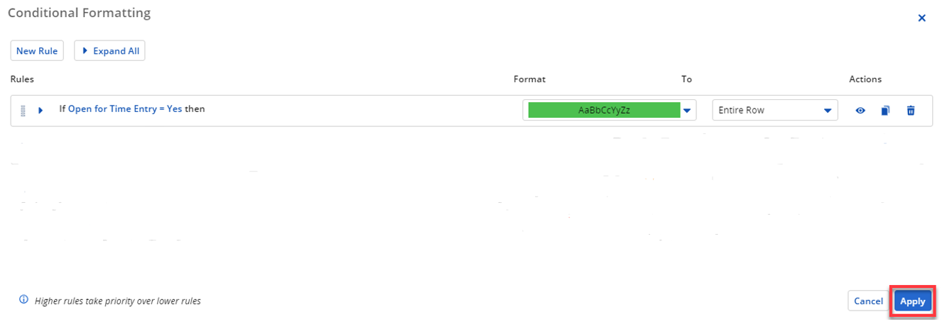 screenshot of 'apply' button for conditional formatting in Clarity PPM