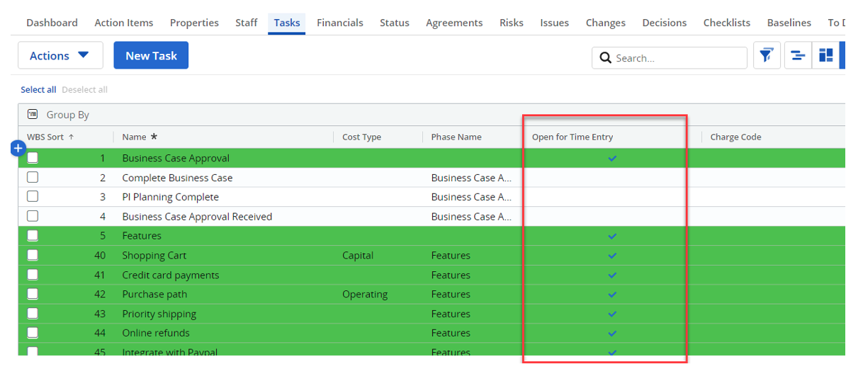 Screenshot of example of green conditional formatting being used in Clarity PPM.