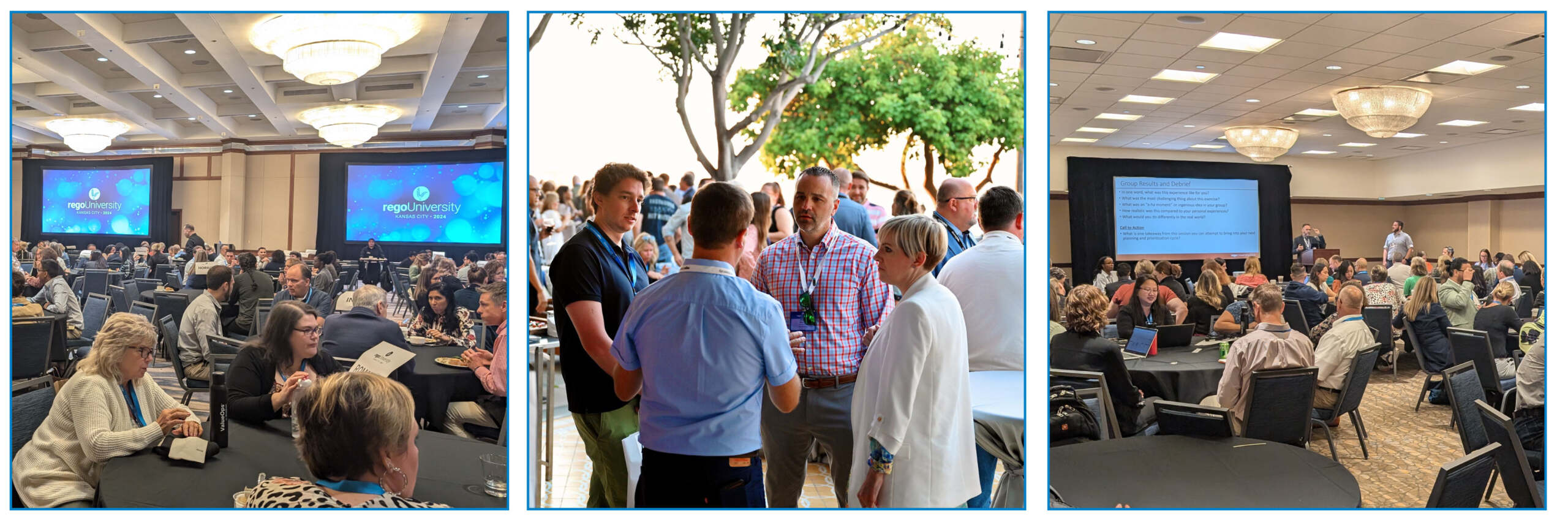 Three photos showcasing scenes from a professional conference. The first photo shows attendees seated in a large ballroom, talking to each other around tables, with a presentation screen displaying the regoUniversity logo. The second photo features a group of attendees networking outdoors near trees. The third photo shows attendees seated at round tables in a smaller conference room with a presenter at the front.