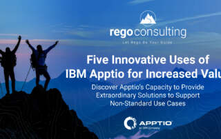 Banner image for an article titled 'Five Innovative Uses of IBM Apptio for Increased Value.' The background features a silhouette of three hikers standing on a mountain peak at sunrise, raising their arms in celebration. The text overlay includes the Rego Consulting logo and tagline, 'Let Rego Be Your Guide,' at the top, with the Apptio logo and tagline, 'an IBM Company,' at the bottom. Subtext reads, 'Discover Apptio’s Capacity to Provide Extraordinary Solutions to Support Non-Standard Use Cases.' The overall design conveys exploration, innovation, and success of Apptio value.