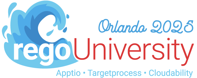 Rego University, Orlando 2025. Apptio • Targetprocess • Cloudability. The icon on the left is a splashy blue wave. 