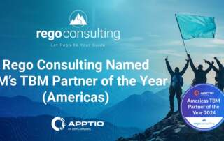 A group of three hikers stand on a mountaintop raising a large in victory. Test overlay indicates that Rego Consulting was named the TBM Partner of the Year (Americas).