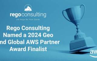 A blue banner with a trophy with a text overlay that says "Rego Consulting Named 2024 GEO Global AWS Partner Award Finalist