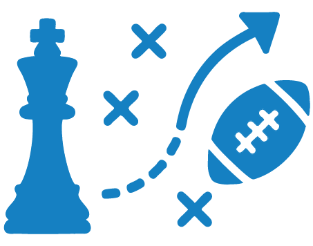 Icon-helmet-and-chess Blue icon with a chess piece and football strategy symbols, including a football and directional arrow, indicating strategy