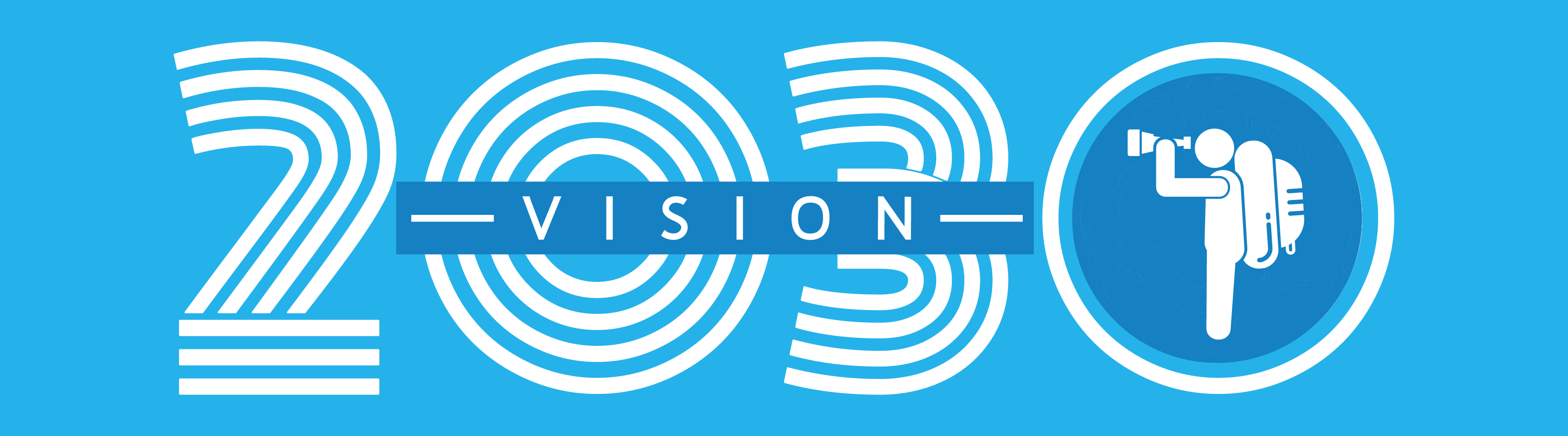 Blue banner graphic with the text “2030 VISION.” The word “VISION” appears in a dark blue horizontal bar across the middle. The “0” in “2030” on the right is replaced with a circular icon of a hiker using binoculars.