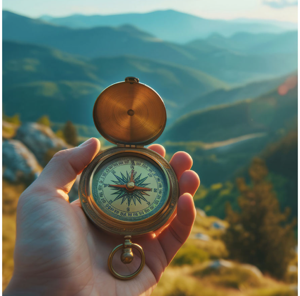 Compass-Unlocking SPM Leveraging Clarity for sucess Hand holding open compass with blurred mountains and sky in background