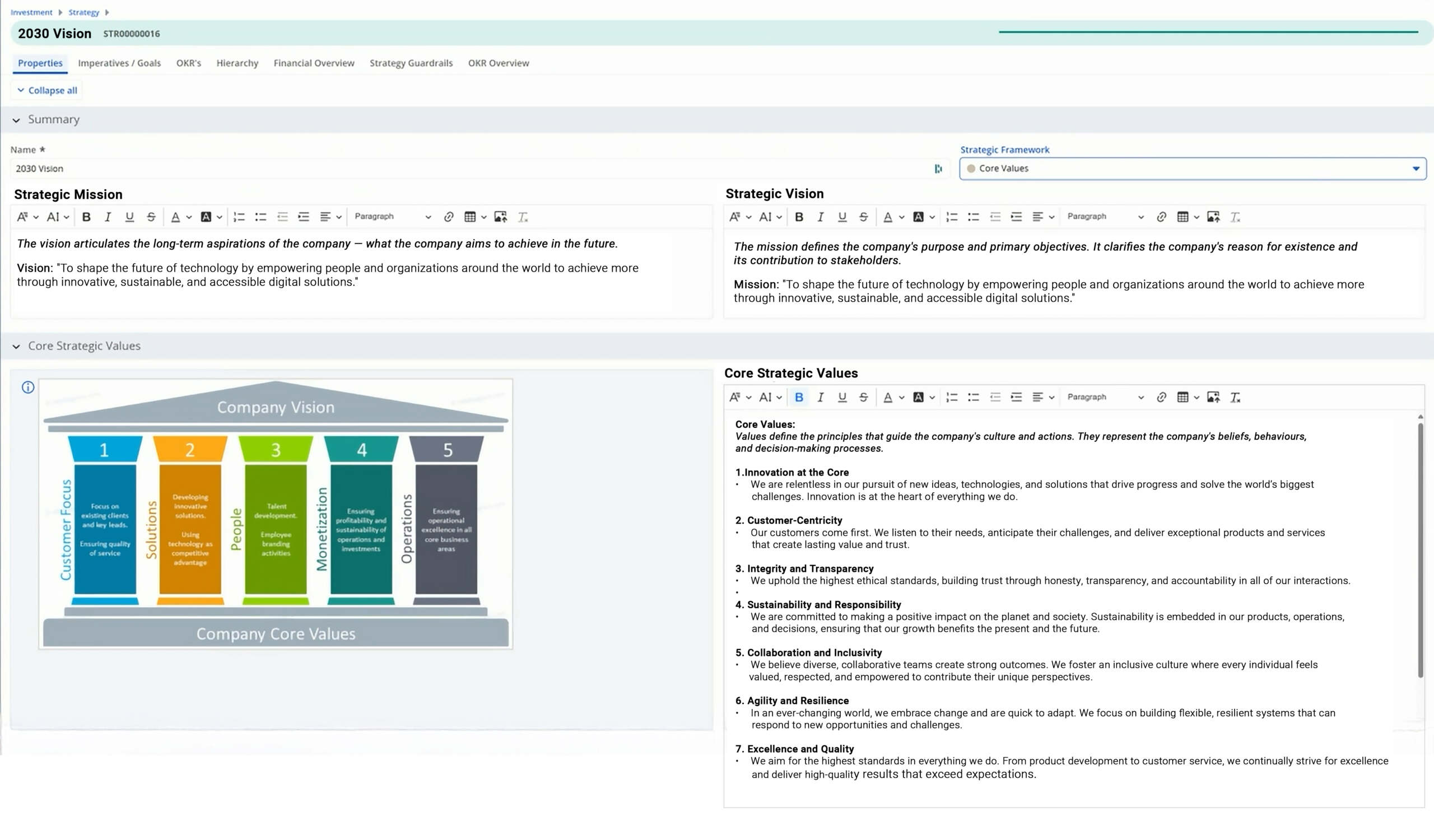 Custom-Investments2 Screenshot of Clarity showing strategic vision content for '2030 Vision', with core values listed and a strategy diagram