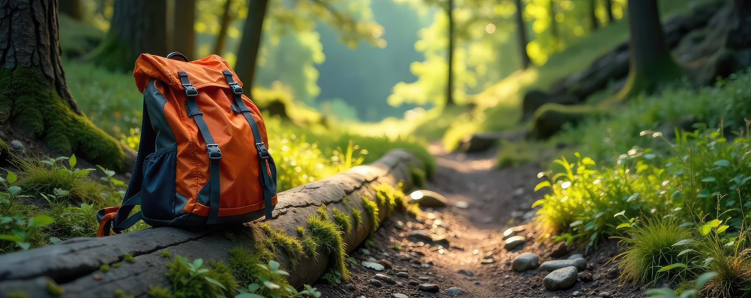 Lightly packed orange backpack resting on a forest log beside a sunlit trail.