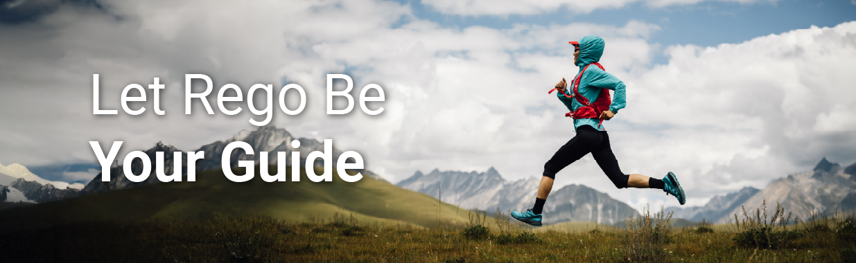 Rego Consulting message “Let Rego Be Your Guide” alongside a runner moving through a mountain landscape.