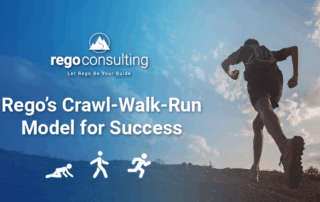 Rego Consulting article Rego’s Crawl-Walk-Run Model for Success with runner silhouette.