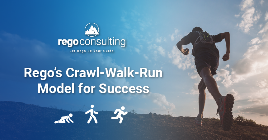 Rego Consulting article Rego’s Crawl-Walk-Run Model for Success with runner silhouette.