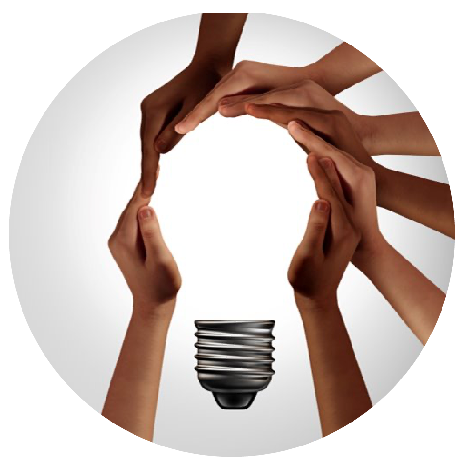 Diverse hands forming a light bulb shape above the base, symbolizing teamwork and shared ideas.