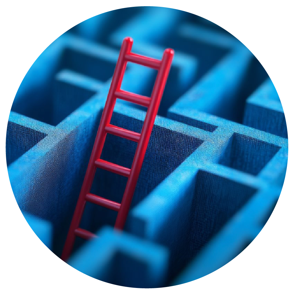 Red ladder leaning inside a blue maze, symbolizing finding a way out or overcoming obstacles.