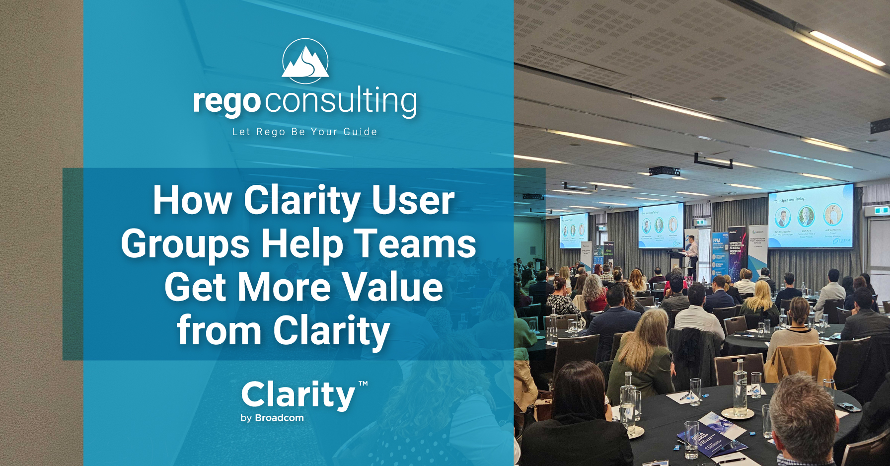 How Clarity user groups help teams increase value from Clarity, shown over a conference audience and presentation setting