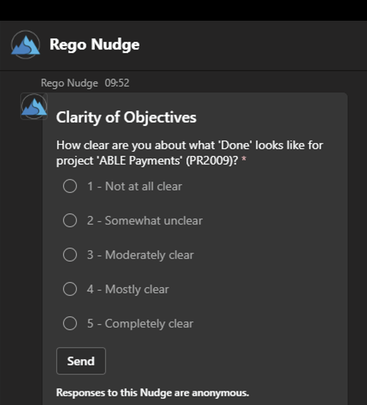 Nudge for Clarity example Microsoft Teams Nudge survey asks how clear “Done” looks for project “ABLE Payments,” with five response options.