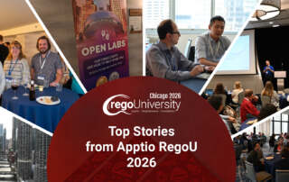 Collage highlights Rego University 2026 with networking, Open Labs, collaboration, presentations, and Apptio event highlights.