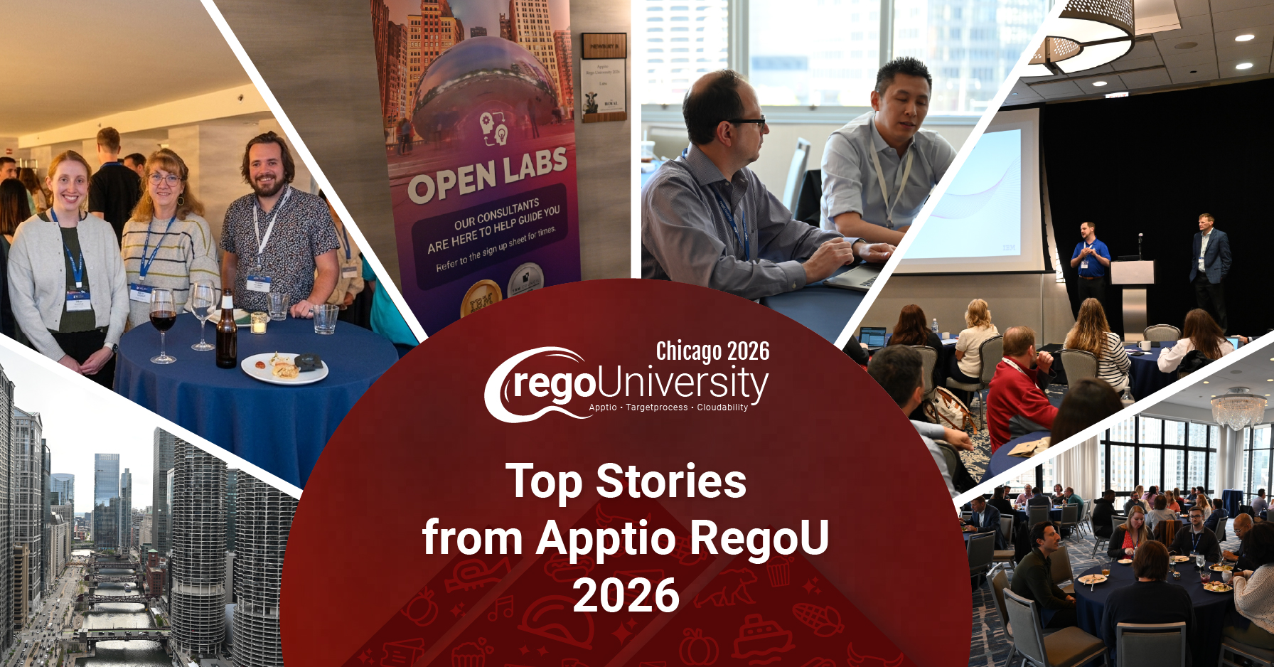 Collage highlights Rego University 2026 with networking, Open Labs, collaboration, presentations, and Apptio event highlights.