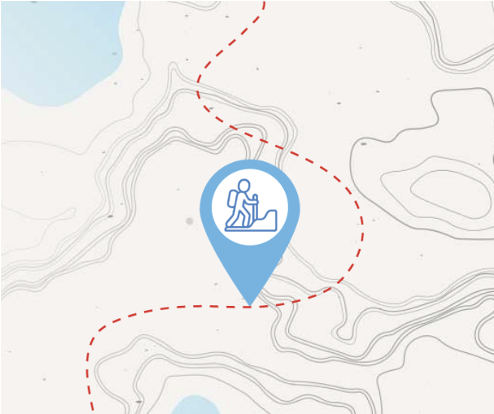 Map graphic with a hiking trail icon marking a destination along a winding route.