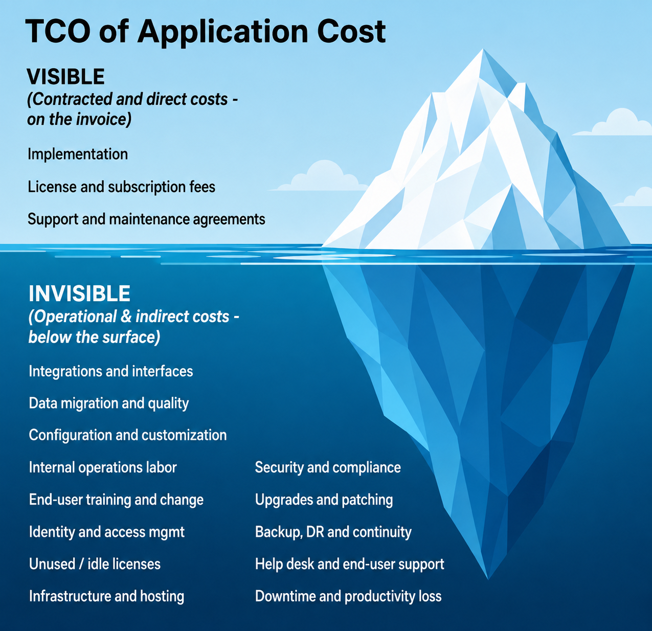 Iceberg TCO iceberg diagram shows visible application costs above water and indirect costs below