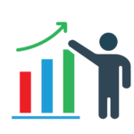 improvements Person points to an upward arrow above a rising bar chart.